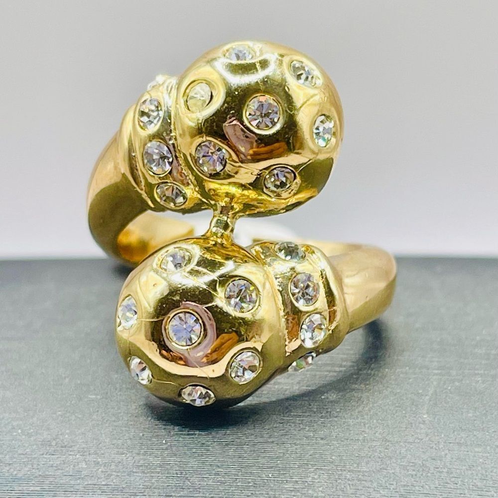 Gold Tone Crystal-Studded Double Dome Ball Ring. Size 6
